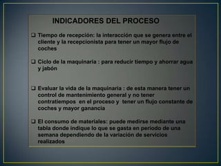 INDICADORES DEL PROCESO
 Tiempo de recepción: la interacción que se genera entre el
cliente y la recepcionista para tener un mayor flujo de
coches
 Ciclo de la maquinaria : para reducir tiempo y ahorrar agua
y jabón
 Evaluar la vida de la maquinaria : de esta manera tener un
control de mantenimiento general y no tener
contratiempos en el proceso y tener un flujo constante de
coches y mayor ganancia
 El consumo de materiales: puede medirse mediante una
tabla donde indique lo que se gasta en periodo de una
semana dependiendo de la variación de servicios
realizados
 