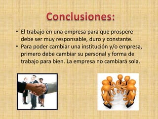 • El trabajo en una empresa para que prospere
debe ser muy responsable, duro y constante.
• Para poder cambiar una institución y/o empresa,
primero debe cambiar su personal y forma de
trabajo para bien. La empresa no cambiará sola.
 
