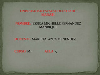 UNIVERSIDAD ESTATAL DEL SUR DE
MANABI
NOMBRE: JESSICA MICHELLE FERNANDEZ
MANRIQUE
DOCENTE: MARIETA AZUA MENENDEZ
CURSO: M1 AULA: 5
 