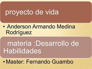proyecto de vida
• Anderson Armando Medina
Rodríguez
materia :Desarrollo de
Habilidades
• Master: Fernando Guambo
 