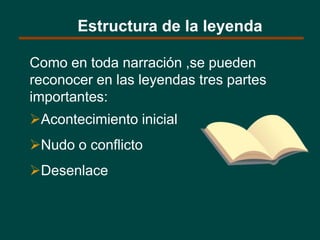 Estructura de la leyenda
Como en toda narración ,se pueden
reconocer en las leyendas tres partes
importantes:
Acontecimiento inicial
Nudo o conflicto
Desenlace