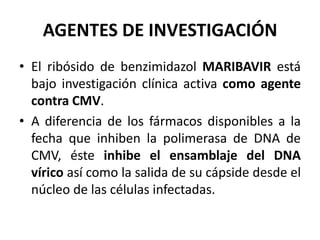 AGENTES DE INVESTIGACIÓN
• El ribósido de benzimidazol MARIBAVIR está
bajo investigación clínica activa como agente
contra CMV.
• A diferencia de los fármacos disponibles a la
fecha que inhiben la polimerasa de DNA de
CMV, éste inhibe el ensamblaje del DNA
vírico así como la salida de su cápside desde el
núcleo de las células infectadas.
 