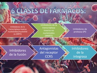 Inhibidores de la
transcriptasa inversa
nucleósidos/nucleótid
os (NRTI)
Inhibidores de la
transcriptasa
inversa no
nucleósidos
(NNRTI)
Inhibidores de
proteasa (PI)
Inhibidores
de la fusión
Antagonistas
del receptor
CCR5
Inhibidores
de la
integrasa
 