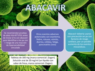 Se recomiendan pruebas
de alelo HLA-B*5701 antes
de iniciar el tx con abacavir
para identificar a los px con
> riesgo de una reacción
de hipersensibilidad
vinculada
Otros eventos adversos
potenciales son exantema,
fiebre, náusea, vómito,
diarrea, cefalea, fatiga,
pancreatitis (rara)
Abacavir debería usarse
con precaución en px con
factores de riesgo
cardiaco, por un posible
aumento de los eventos
miocárdicos.
Tabletas de 300 mg (marca comercial: Ziagen).
Solución oral de 20 mg/ml (un líquido con
sabor de fresa, marca comercial: Ziagen).
 