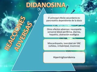 El principal efecto secundario es:
pancreatitis dependiente de la dosis
Otros efectos adversos: neuropatía
sensorial distal periférica, diarrea,
hepatitis, ulceración esofágica
Miocardiopatía, toxicidad del SNC
(cefalea, irritabilidad, insomnio)
Hipertrigliceridemia
 
