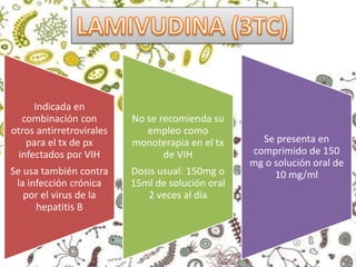 Indicada en
combinación con
otros antirretrovirales
para el tx de px
infectados por VIH
Se usa también contra
la infección crónica
por el virus de la
hepatitis B
No se recomienda su
empleo como
monoterapia en el tx
de VIH
Dosis usual: 150mg o
15ml de solución oral
2 veces al día
Se presenta en
comprimido de 150
mg o solución oral de
10 mg/ml
 