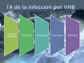 ADEFOVIR
DIPIVOXILO
ENTECAVIR LAMIVUDINA TELBIVUDINA TENOFOVIR
 