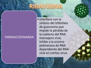 • Interfiere con la
síntesis del trifosfato
de guanosina que
impide la pérdida de
la cubierta del RNA
mensajero viral,
inhibe a la enzima
polimerasa de RNA
dependiente del RNA
viral en ciertos virus.
FARMACODINAMIA
 