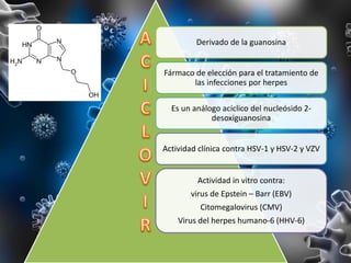 Derivado de la guanosina
Fármaco de elección para el tratamiento de
las infecciones por herpes
Es un análogo acíclico del nucleósido 2-
desoxiguanosina
Actividad clínica contra HSV-1 y HSV-2 y VZV
Actividad in vitro contra:
virus de Epstein – Barr (EBV)
Citomegalovirus (CMV)
Virus del herpes humano-6 (HHV-6)
 