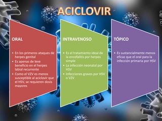 ORAL
• En los primeros ataques de
herpes genital
• Es apenas de leve
beneficio en el herpes
labial recurrente
• Como el VZV es menos
susceptible al aciclovir que
el HSV, se requieren dosis
mayores
INTRAVENOSO
• Es el tratamiento ideal de
la encefalitis por herpes
simple
• La infección neonatal por
HSV
• Infecciones graves por HSV
o VZV
TÓPICO
• Es sustancialmente menos
eficaz que el oral para la
infección primaria por HSV
 