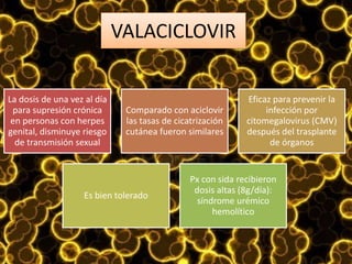 VALACICLOVIR
La dosis de una vez al día
para supresión crónica
en personas con herpes
genital, disminuye riesgo
de transmisión sexual
Comparado con aciclovir
las tasas de cicatrización
cutánea fueron similares
Eficaz para prevenir la
infección por
citomegalovirus (CMV)
después del trasplante
de órganos
Es bien tolerado
Px con sida recibieron
dosis altas (8g/día):
síndrome urémico
hemolítico
 