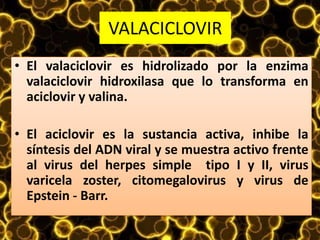 VALACICLOVIR
• El valaciclovir es hidrolizado por la enzima
valaciclovir hidroxilasa que lo transforma en
aciclovir y valina.
• El aciclovir es la sustancia activa, inhibe la
síntesis del ADN viral y se muestra activo frente
al virus del herpes simple tipo I y II, virus
varicela zoster, citomegalovirus y virus de
Epstein - Barr.
 