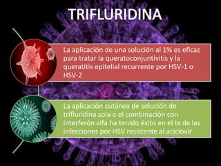 La aplicación de una solución al 1% es eficaz
para tratar la queratoconjuntivitis y la
queratitis epitelial recurrente por HSV-1 o
HSV-2
La aplicación cutánea de solución de
trifluridina sola o el combinación con
interferón alfa ha tenido éxito en el tx de las
infecciones por HSV resistente al aciclovir
 