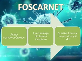 ÁCIDO
FOSFONOFÓRMICO
Es un análogo
pirofosfato
inorgánico
Es activo frente al
herpes virus y al
VIH
 