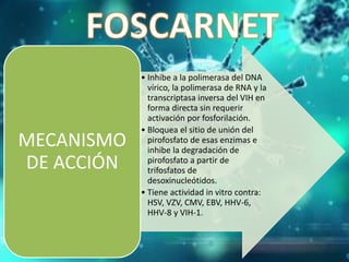 • Inhibe a la polimerasa del DNA
vírico, la polimerasa de RNA y la
transcriptasa inversa del VIH en
forma directa sin requerir
activación por fosforilación.
• Bloquea el sitio de unión del
pirofosfato de esas enzimas e
inhibe la degradación de
pirofosfato a partir de
trifosfatos de
desoxinucleótidos.
• Tiene actividad in vitro contra:
HSV, VZV, CMV, EBV, HHV-6,
HHV-8 y VIH-1.
MECANISMO
DE ACCIÓN
 