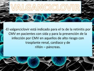 -El valganciclovir está indicado para el tx de la retinitis por
CMV en pacientes con sida y para la prevención de la
infección por CMV en aquellos de alto riesgo con
trasplante renal, cardiaco y de
riñón – páncreas.
 
