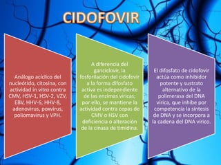 Análogo acíclico del
nucleótido, citosina, con
actividad in vitro contra
CMV, HSV-1, HSV-2, VZV,
EBV, HHV-6, HHV-8,
adenovirus, poxvirus,
poliomavirus y VPH.
A diferencia del
ganciclovir, la
fosforilación del cidofovir
a la forma difosfato
activa es independiente
de las enzimas víricas;
por ello, se mantiene la
actividad contra cepas de
CMV o HSV con
deficiencia o alteración
de la cinasa de timidina.
El difosfato de cidofovir
actúa como inhibidor
potente y sustrato
alternativo de la
polimerasa del DNA
vírica, que inhibe por
competencia la síntesis
de DNA y se incorpora a
la cadena del DNA vírico.
 