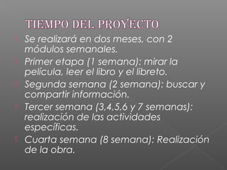 Se realizará en dos meses, con 2
módulos semanales.
 Primer etapa (1 semana): mirar la
película, leer el libro y el libreto.
 Segunda semana (2 semana): buscar y
compartir información.
 Tercer semana (3,4,5,6 y 7 semanas):
realización de las actividades
específicas.
 Cuarta semana (8 semana): Realización
de la obra.
 