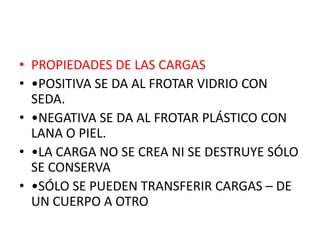 • PROPIEDADES DE LAS CARGAS
• •POSITIVA SE DA AL FROTAR VIDRIO CON
SEDA.
• •NEGATIVA SE DA AL FROTAR PLÁSTICO CON
LANA O PIEL.
• •LA CARGA NO SE CREA NI SE DESTRUYE SÓLO
SE CONSERVA
• •SÓLO SE PUEDEN TRANSFERIR CARGAS – DE
UN CUERPO A OTRO
 