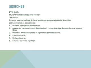 SESIONES
2ª/3ª Sesión:
Título: “ Creamos nuestro primer cuento”.
Descripción:
En primer lugar, se explicará de forma sencilla los pasos para la edición de un libro.
Los resumiremos en los siguientes:
1. Lluvia de ideas para nuestra historia.
2. Conocer las partes del cuento: Planteamiento, nudo y desenlace. Para dar forma a nuestras
ideas.
3. Ordenar la información y darle un lugar en las partes del cuento.
4. Escribir el cuento.
5. Revisar el cuento.
6. Editarlo y exponerlo al público.
 