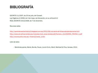 BIBLIOGRAFÍA
DECRETO 11/2007, de 20 de julio, del Consell.
Ley Orgánica 2/2006, de 3 de mayo, de Educación, en su artículo 6.2
REAL DECRETO 1513/2006, de 7 de diciembre.
Recursos webs:
http://aprenderesdivertido1y2.blogspot.com.es/2012/08/una-serie-de-fichas-estupendamente.html
http://www.csi-csif.es/andalucia/modules/mod_ense/revista/pdf/Numero_13/JONATAN_TRIVINO_1.pdf
http://encina.pntic.mec.es/~fmarin2/ciclos_1.htm
Libro de texto:
- Menéndez-ponte, María, Borrás, Paula, Llunch Enric, Martí, Meritxell & Pina, Vanesa, 2012.
 