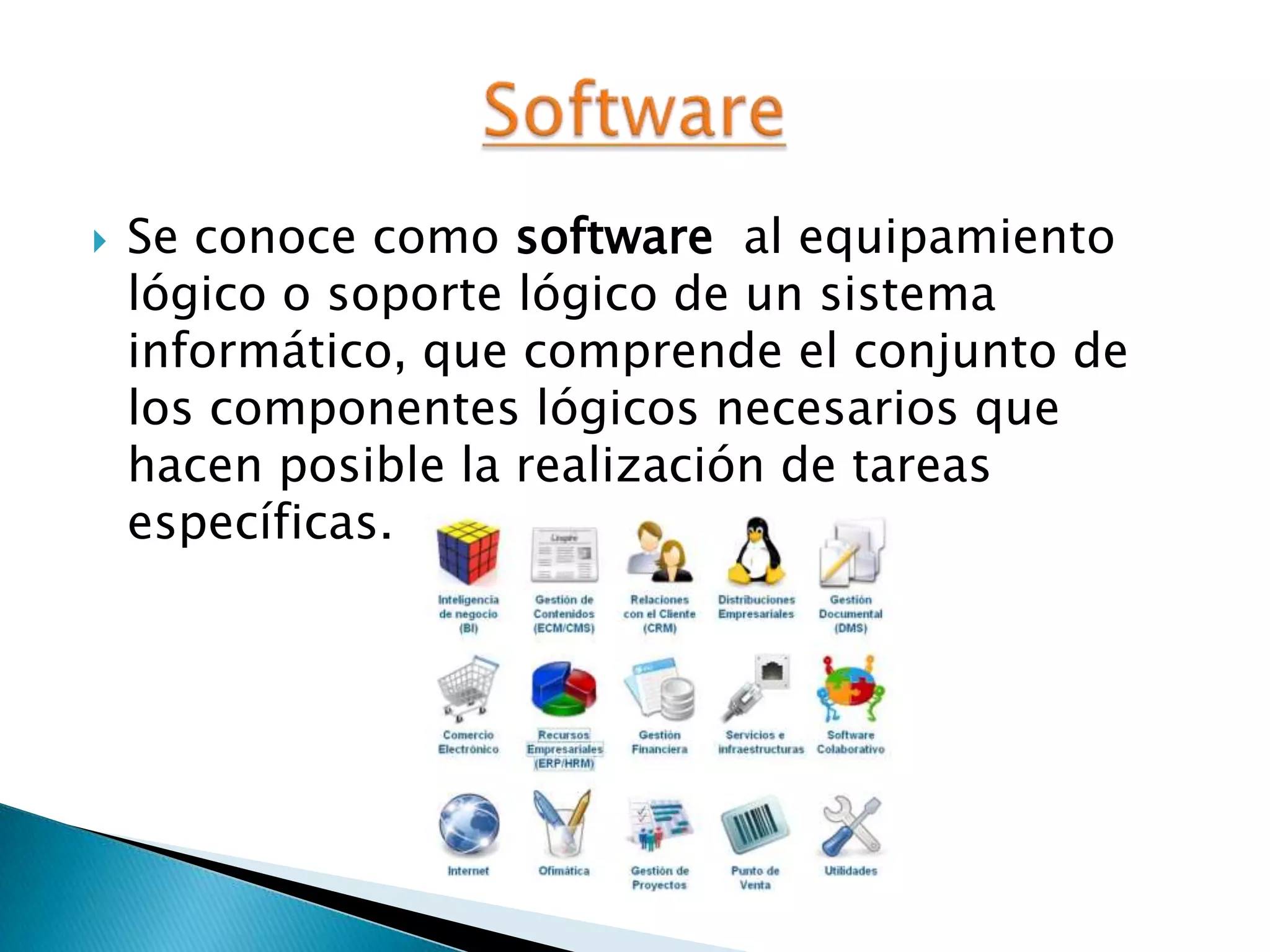  Se conoce como software al equipamiento
lógico o soporte lógico de un sistema
informático, que comprende el conjunto de
los componentes lógicos necesarios que
hacen posible la realización de tareas
específicas.
 