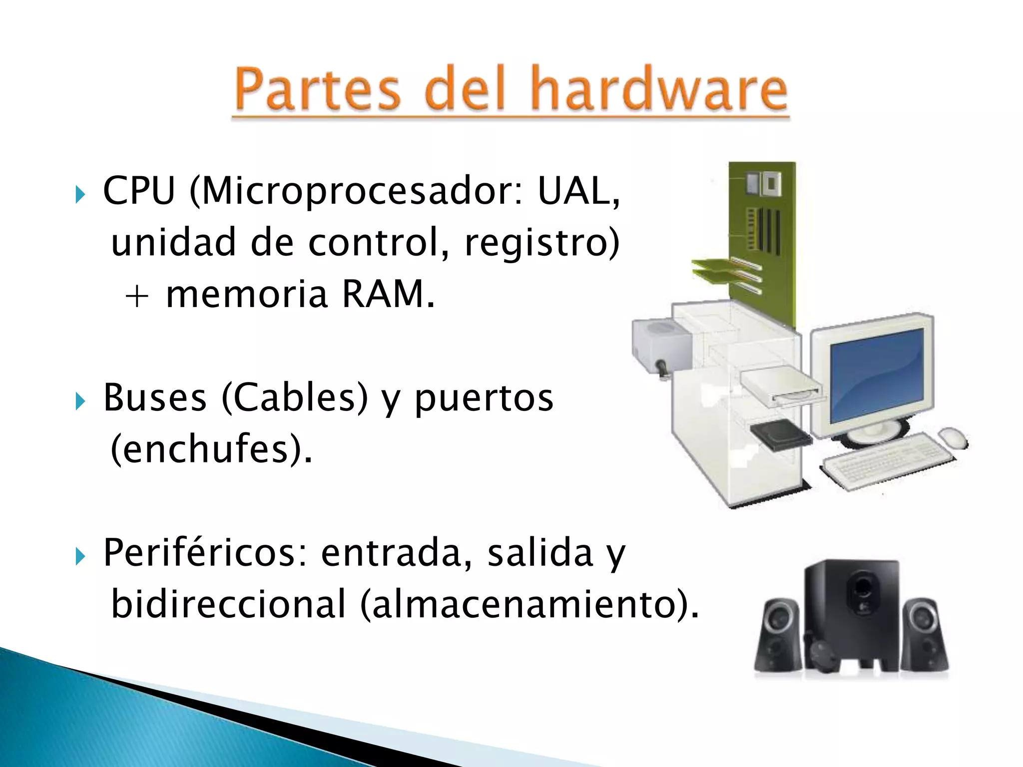  CPU (Microprocesador: UAL,
unidad de control, registro)
+ memoria RAM.
 Buses (Cables) y puertos
(enchufes).
 Periféricos: entrada, salida y
bidireccional (almacenamiento).
 