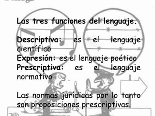 Las tres funciones del lenguaje.
Descriptiva: es el lenguaje
científico
Expresión: es el lenguaje poético
Prescriptiva: es el lenguaje
normativo
Las normas jurídicas por lo tanto
son proposiciones prescriptivas.
 