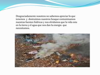 Desgraciadamente nosotros no sabemos apreciar lo que
tenemos y destruimos nuestros bosque contaminamos
nuestras fuentes hidricas y nos olvidamos que la vida esta
en la tierra y el agua que nos dan la energia que
necesitamos.
 