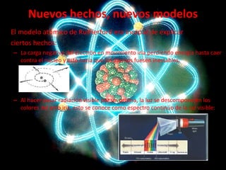 Nuevos hechos, nuevos modelos
El modelo atómico de Rutherford era incapaz de explicar
ciertos hechos:
– La carga negativa del electrón en movimiento iría perdiendo energía hasta caer
contra el núcleo y esto haría que los átomos fuesen inestables.

– Al hacer pasar radiación visible por un prisma, la luz se descompone en los
colores del arco iris, esto se conoce como espectro continúo de la luz visible:

 