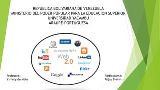 REPUBLICA BOLIVARIANA DE VENEZUELA
MINISTERIO DEL PODER POPULAR PARA LA EDUCACION SUPERIOR
UNIVERSIDAD YACAMBU
ARAURE-PORTUGUESA

Profesora:
Ysmery de Melo

Participante:
Rojas Evelyn

 