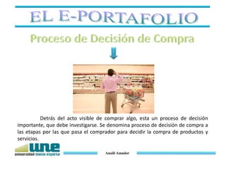 Detrás del acto visible de comprar algo, esta un proceso de decisión
importante, que debe investigarse. Se denomina proceso de decisión de compra a
las etapas por las que pasa el comprador para decidir la compra de productos y
servicios.
Anaili Amador