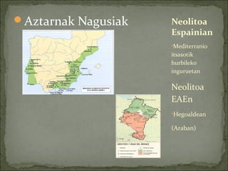 Aztarnak Nagusiak

Neolitoa
Espainian
•Mediterranio

itsasotik
hurbileko
inguruetan

Neolitoa
EAEn
•Hegoaldean

(Araban)

 
