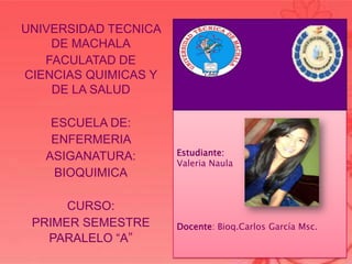 UNIVERSIDAD TECNICA
DE MACHALA
FACULATAD DE
CIENCIAS QUIMICAS Y
DE LA SALUD

ESCUELA DE:
ENFERMERIA
ASIGANATURA:
BIOQUIMICA
CURSO:
PRIMER SEMESTRE
PARALELO “A”

Estudiante:
Valeria Naula

Docente: Bioq.Carlos García Msc.

 