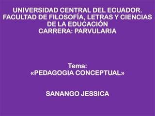 UNIVERSIDAD CENTRAL DEL ECUADOR.
FACULTAD DE FILOSOFÍA, LETRAS Y CIENCIAS
DE LA EDUCACIÓN
CARRERA: PARVULARIA

Tema:
«PEDAGOGIA CONCEPTUAL»
SANANGO JESSICA

 