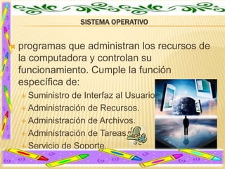 SISTEMA OPERATIVO


programas que administran los recursos de
la computadora y controlan su
funcionamiento. Cumple la función
específica de:
 Suministro

de Interfaz al Usuario.
 Administración de Recursos.
 Administración de Archivos.
 Administración de Tareas.
 Servicio de Soporte.

 