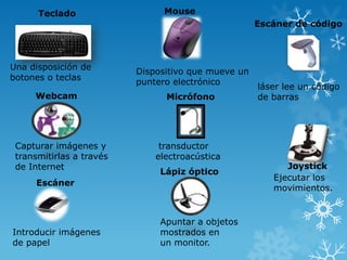 Teclado

Una disposición de
botones o teclas
Webcam

Capturar imágenes y
transmitirlas a través
de Internet

Mouse
Escáner de código

Dispositivo que mueve un
puntero electrónico
Micrófono

transductor
electroacústica

Lápiz óptico

Escáner

Introducir imágenes
de papel

Apuntar a objetos
mostrados en
un monitor.

láser lee un código
de barras

Joystick
Ejecutar los
movimientos.

 