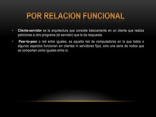 •

Cliente-servidor es la arquitectura que consiste básicamente en un cliente que realiza
peticiones a otro programa (el servidor) que le da respuesta.

•

Peer-to-peer o red entre iguales, es aquella red de computadoras en la que todos o
algunos aspectos funcionan sin clientes ni servidores fijos, sino una serie de nodos que
se comportan como iguales entre sí.

 