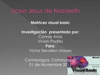 Matrices visual basic
Investigación presentada por:
Connie Arias
Vivian Padilla
Para:
Victor Servellon Mayes
Comayagua, Comayagua
01 de Noviembre 2013

 