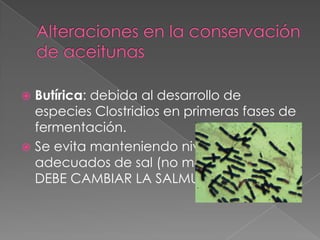 Butírica: debida al desarrollo de
especies Clostridios en primeras fases de
fermentación.
 Se evita manteniendo niveles
adecuados de sal (no menor a 5 %). SE
DEBE CAMBIAR LA SALMUERA.


 