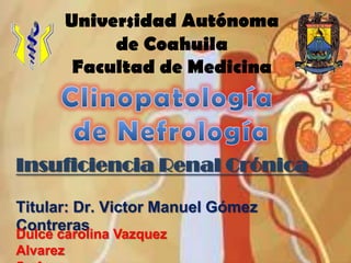 Universidad Autónoma
de Coahuila
Facultad de Medicina

Insuficiencia Renal Crónica
Titular: Dr. Victor Manuel Gómez
Contreras
Dulce carolina Vazquez
Alvarez

 