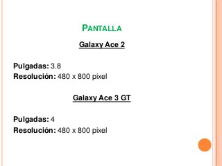 PANTALLA
Galaxy Ace 2
Pulgadas: 3.8
Resolución: 480 x 800 pixel

Galaxy Ace 3 GT
Pulgadas: 4
Resolución: 480 x 800 pixel

 