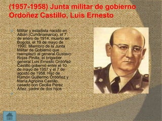 (1957-1958) Junta militar de gobierno
Ordoñez Castillo, Luis Ernesto




Militar y estadista nacido en
Albán (Cundinamarca), el 7
de enero de 1914, muerto en
Bogotá, el 19 de mayo de
1990. Miembro de la Junta
Militar de Gobierno que
reemplazó al general Gustavo
Rojas Pinilla, el brigadier
general Luis Ernesto Ordóñez
Castillo gobernó entre el 10
de mayo de 1957 y el 7 de
agosto de 1958. Hijo de
Ramón Guillermo Ordóñez y
María Agripina Castillo,
casado con Cecilia Pérez
Añez, padre de dos hijos.

 