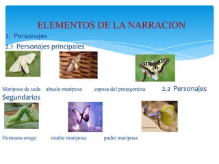 ELEMENTOS DE LA NARRACION
2. Personajes
2.1 Personajes principales

Mariposa de seda

abuelo mariposa

esposa del protagonista

Segundarios

Hermana oruga

madre mariposa

padre mariposa

2.2 Personajes

 