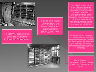 La EDVAC (Electronic
Discrete Variable
Automatic Computer),

construida en la
Universidad de
Manchester, en
Connecticut
(EE.UU), en 1949

Fue el primer equipo
con capacidad de
almacenamiento de
memoria e hizo
desechar a los otros
equipos que tenían que
ser intercambios o
reconfigurados cada
vez que se usaban.

Tenía aproximadamente
cuatro mil bulbos y usaba
un tipo de memoria basado
en tubos llenos de mercurio
por donde circulaban
señales eléctricas sujetas a
retardos.

EDCAV pesaba
aproximadamente 7850 kg
y tenía una superficie de
150 m2.

 