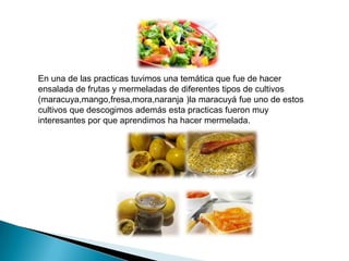 En una de las practicas tuvimos una temática que fue de hacer
ensalada de frutas y mermeladas de diferentes tipos de cultivos
(maracuya,mango,fresa,mora,naranja )la maracuyá fue uno de estos
cultivos que descogimos además esta practicas fueron muy
interesantes por que aprendimos ha hacer mermelada.

 
