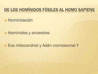 DE LOS HOMÍNIDOS FÓSILES AL HOMO SAPIENS


Hominización



Homínidos y ancestros



Eva mitocondrial y Adán cromosomal Y

 