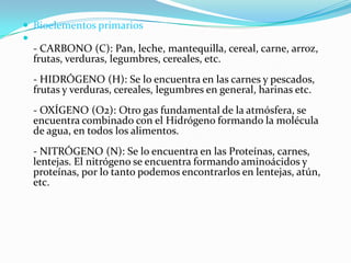  Bioelementos primarios


- CARBONO (C): Pan, leche, mantequilla, cereal, carne, arroz,
frutas, verduras, legumbres, cereales, etc.
- HIDRÓGENO (H): Se lo encuentra en las carnes y pescados,
frutas y verduras, cereales, legumbres en general, harinas etc.
- OXÍGENO (O2): Otro gas fundamental de la atmósfera, se
encuentra combinado con el Hidrógeno formando la molécula
de agua, en todos los alimentos.
- NITRÓGENO (N): Se lo encuentra en las Proteínas, carnes,
lentejas. El nitrógeno se encuentra formando aminoácidos y
proteínas, por lo tanto podemos encontrarlos en lentejas, atún,
etc.

 