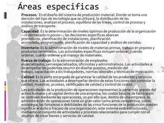 Áreas especificas










Procesos: Es el diseño del sistema de producción material. Donde se toma una
decisión del tipo de tecnología que se utilizará, la distribución de las
instalaciones, analizan el proceso, equilibrio de las líneas, control de proceso y
análisis de transporte.
Capacidad: Es la determinación de niveles óptimos de producción de la organización
—ni demasiado ni pocos—; las decisiones específicas abarcan
pronósticos, planificación de instalaciones, planificación
acumulada, programación, planificación de capacidad y análisis de corridas.
Inventario: Es la administración de niveles de materias primas, trabajo en proceso y
productos terminados. Las actividades específicas incluyen ordenar, cuándo
ordenar, cuánto ordenar y el manejo de materiales.
Fuerza de trabajo: Es la administración de empleados
especializados, semiespecializados, oficinistas y administrativos. Las actividades a
desempeñar las podemos resumir en diseñar puestos, medición del
trabajo, capacitación a los trabajadores, normas laborales y técnicas de motivación.
Calidad: Es la parte encargada de garantizar la calidad de los productos y servicios
que ofrece. Las actividades a desempeñar dentro de estas funciones son controlar la
calidad, muestras, pruebas, certificados de calidad y control de costos.
Las actividades de la producción de operaciones representan la parte más grande del
activo humano y el capital dentro de una empresa; los costos básicos de fabricación
se contraen mediante las operaciones, es por ello que, dentro de una empresa, la
administración de operaciones tiene un gran valor como arma competitiva, como
estrategia; las fortalezas o debilidades de las cinco funciones de la producción pueden
significar el éxito o fracaso de una organización; este sistema está estructurado
mediante un conjunto de actividades y procesos relacionados para cumplir con el
objetivo de crear bienes y servicios de calidad.

 