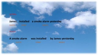 ACTIVA

James installed a smoke alarm yesterday
SUJETO

VERBO

OBJETO

PASIVA

A smoke alarm

was installed

by James yersterday

SUJETO

VERBO

AGENTE

 